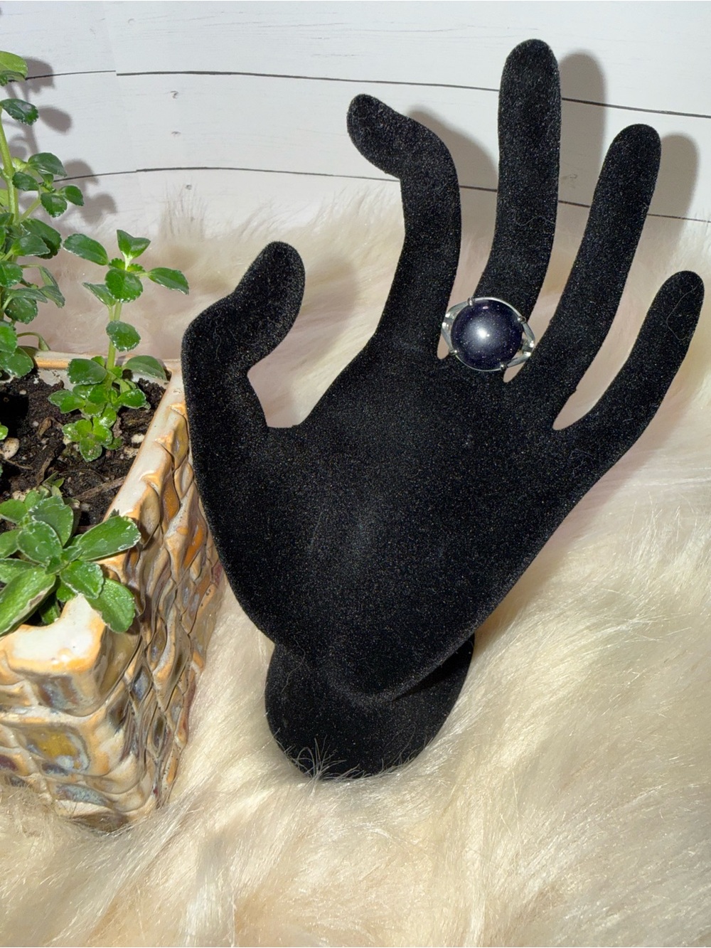 Adjustable Silver Ring with Black Stone